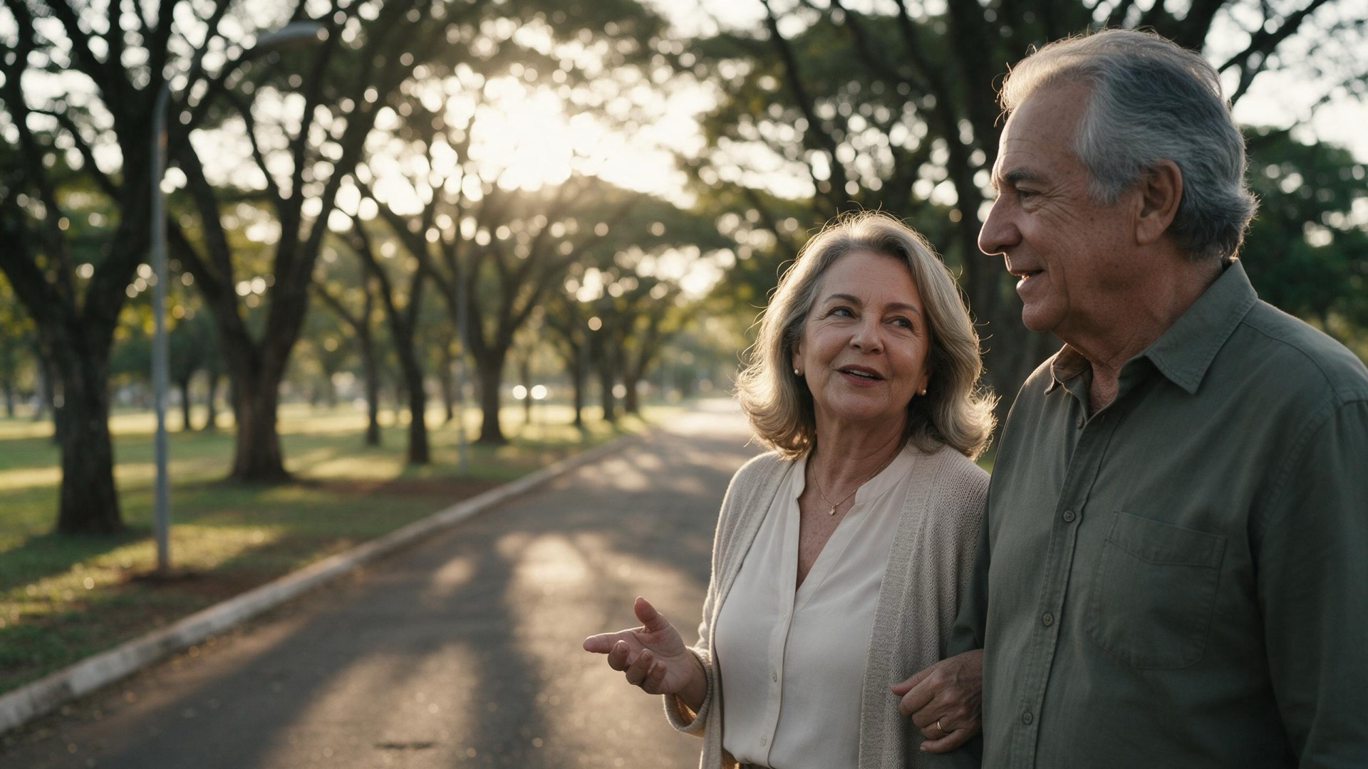 Casal aposentado caminhando e conversando em um parque arborizado no fim da tarde